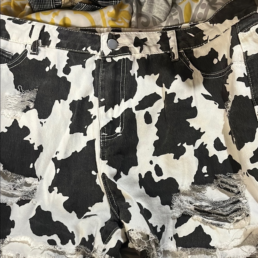 Black & White Cowprint Distressed Women's Denim Shorts